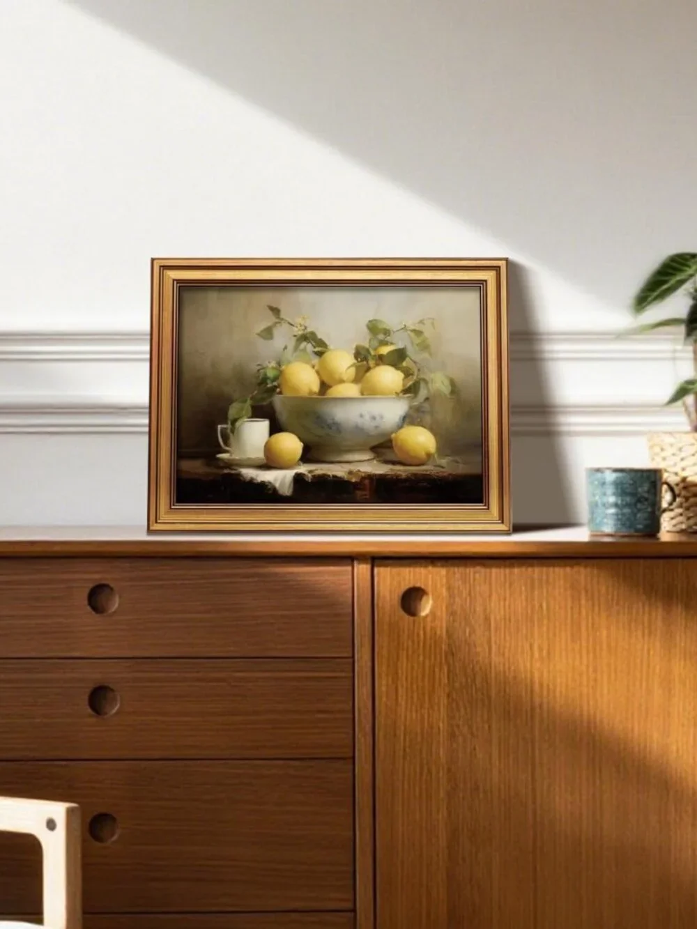 Vintage Lemon Bowl Wall Art - Gold Framed Rustic Oil Painting, 12x16 Inch